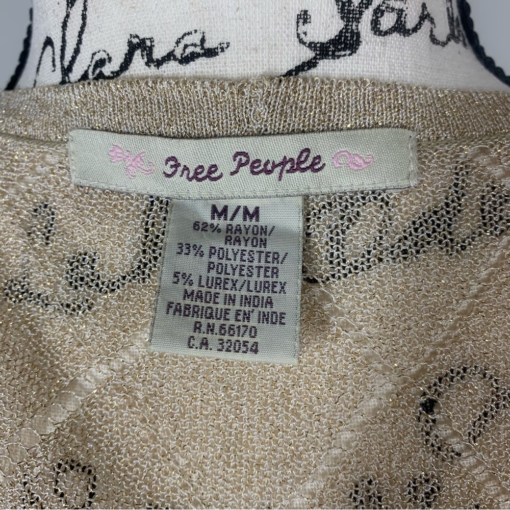 Vintage Free People Pointelle Knit Gold Metallic Mesh Zip Up Cardigan Coachella - Picture 11 of 12